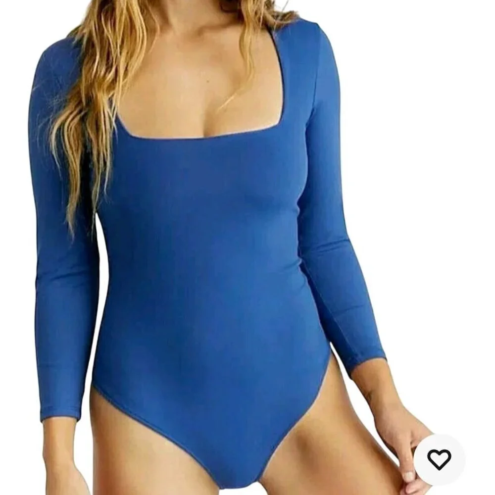 Free People Intimately Free Truth Or Square Long Sleeve Bodysuit Blue Size S